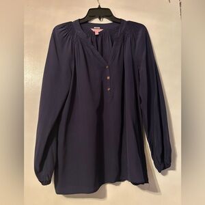 Lilly Pulitzer Blue Puff Sleeve Blouse with Mandarin Collar